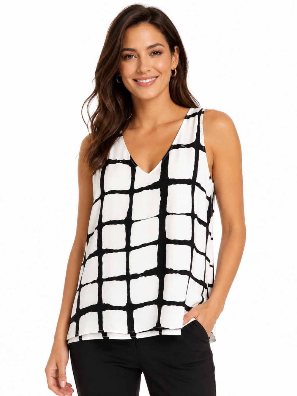 ADAM LIPPES Cream & Black Striped Sleeveless V-Neck Tunic Blouse XS NWT